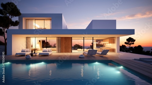 Exterior of a modern minimalist cubic villa with a swimming pool © crazyass