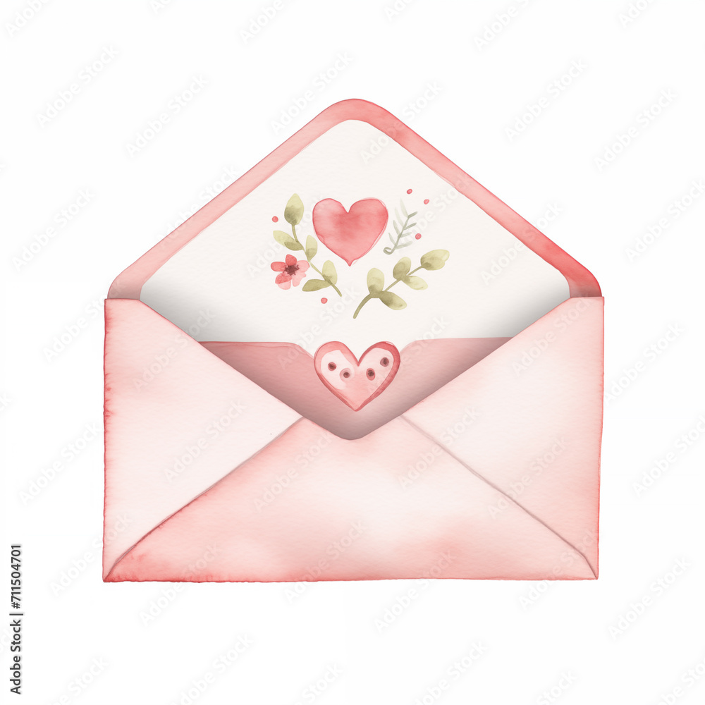 A delicate watercolor illustration of an open envelope with a heart design, suitable for Valentine's Day stationery, wedding invitations, or as a loving gesture in graphic correspondence. High quality