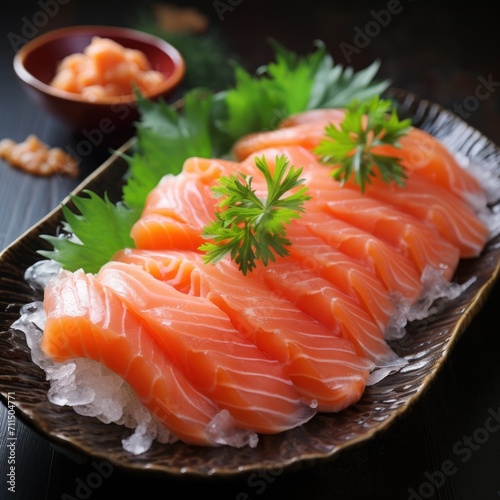 Sliced salmon sashimi, fresh and raw, elegantly served on ice in a bowl.