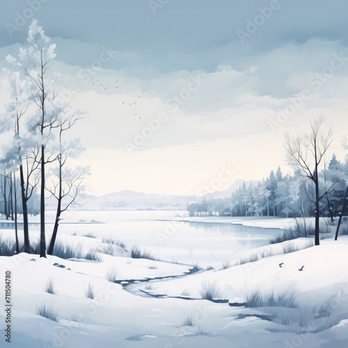 Serene winter landscape featuring snow-covered trees and a frozen lake
