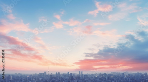 City of Dreams: Wide Format Illustration of Tokyo-like Sky at Late Dusk, a Heavenly Sunset Over the Urban Horizon #711504999
