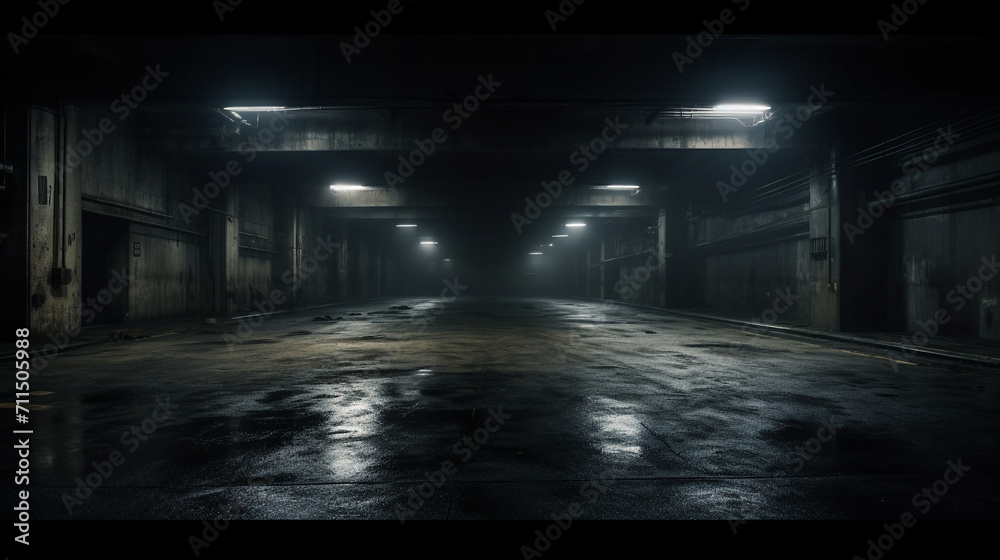 Urban Noir: Midnight Secrets Unfold in the Wet Basement Parking - obrazy, fototapety, plakaty 