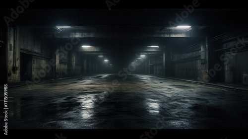 Urban Noir: Midnight Secrets Unfold in the Wet Basement Parking photo