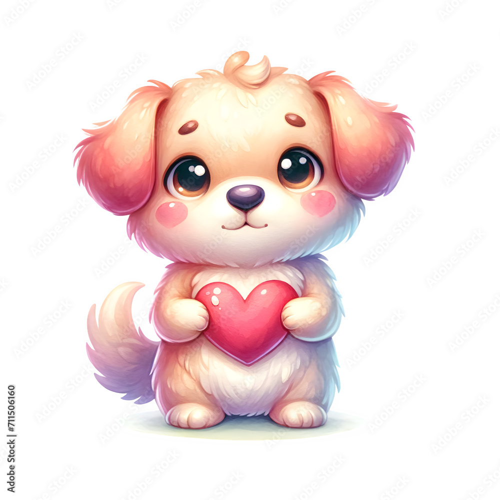 Watercolor cute animal holding heart happily with love and care clipart 