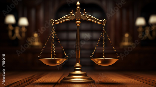 3d illustration of scales of justice in brown wooden table