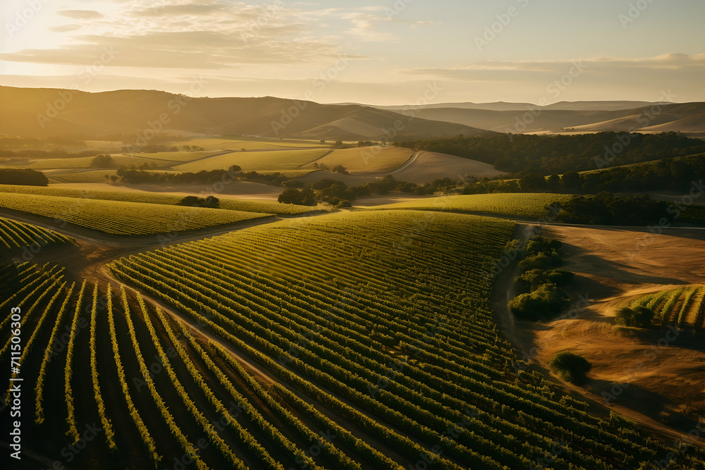 Aerial view of vineyards at sunset. Rows of vineyards in the countryside.