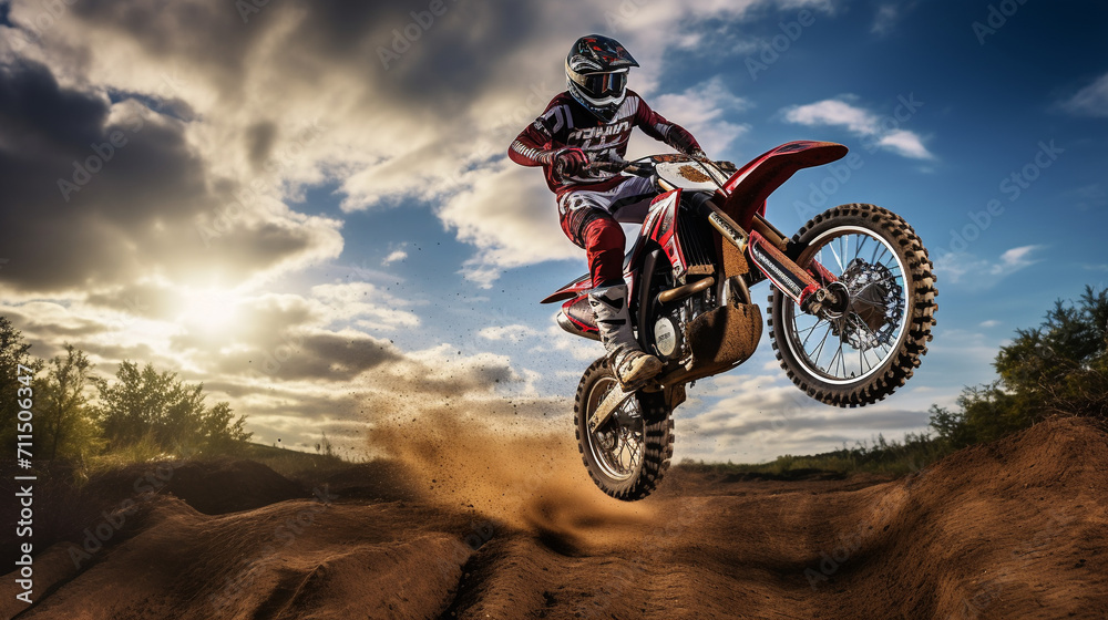 Obraz premium Dirt Trail Daredevil: Off-Road Moto Jump in Wide-Format Thrill