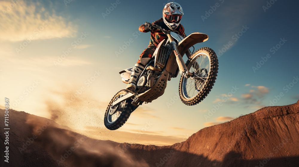 Fototapeta premium Airborne Adrenaline: Motorcycle Stunt Soaring Across Canyon Skies