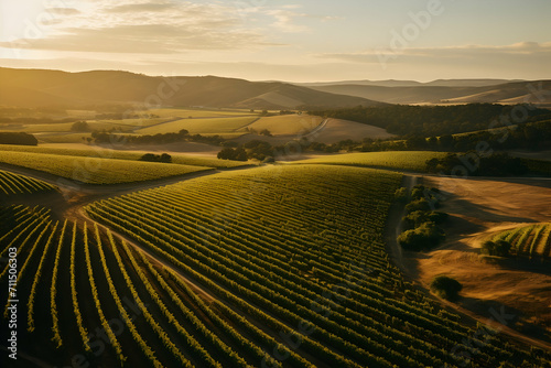 Aerial view of vineyards at sunset. Rows of vineyards in the countryside.