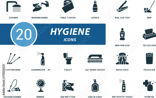 Hygiene icons set. Creative icons: shower, washing hands, toilet paper, lotion, nail clipper, mop, mouthwash, tissue box and more
