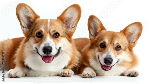 Feature a pair of charming Corgis in a delightful pose, showcasing the breed's distinctive appearance and playful nature against a white background, welsh corgi dog smiling on a white background. © mh.desing
