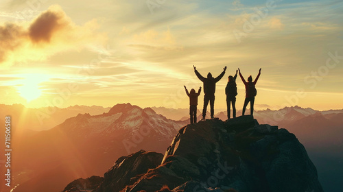 silhouette of family at the mountain with sunrise