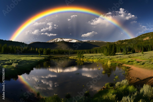 Rainbow over a lake in Yellowstone National Park  Wyoming  USA
