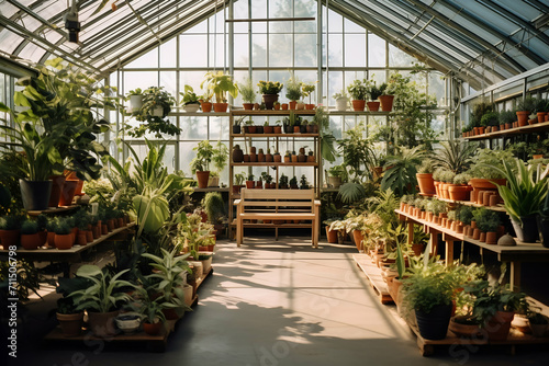 Beautiful interior of a greenhouse with different types of flowers and plants © gographic