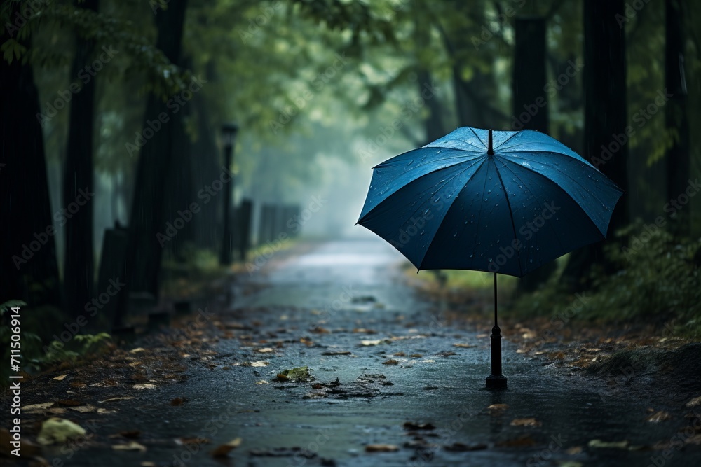 Blue umbrella in heavy rain. Nature background, rainy weather concept. Protection and serenity.