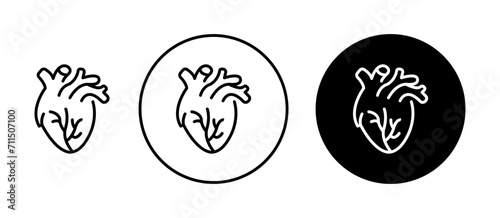 Human Heart Line Icon Set. Real heart organ anatomy and blood circulation symbol in black and blue color.