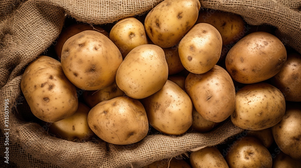Sack of potatoes on a dark background. Fresh potatoes in an old sack Sack of potatoes on a dark background. Fresh potatoes in an old sack