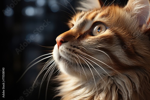 A captivating close up of a majestic domestic cat, with piercing eyes, soft fur, and delicate whiskers, showcasing the beauty and grace of the feline species photo