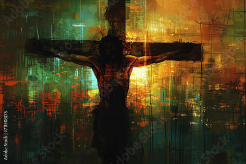 abstract silhouette of jesus christ on cross with dark colors photo