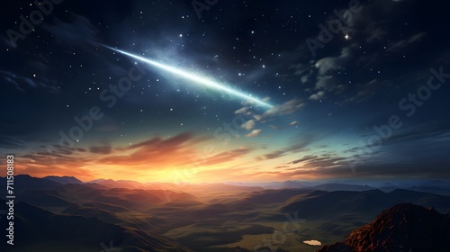 A meteor streaks across the starry sky