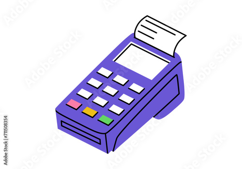 Hand drawn cute cartoon illustration POS terminal print sales receipt. Flat vector money transaction device sticker in colored doodle style. Store invoice or payment icon or print. Bank bill. Isolated