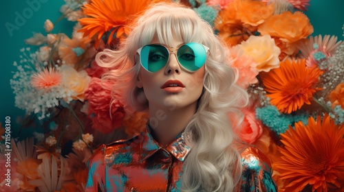 Happy blonde woman wearing sunglasses surrounded by colorful flowers on vibrant background