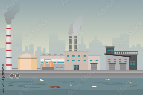Air and water pollution by industrial production. Factory industry pollution. Vector illustration.