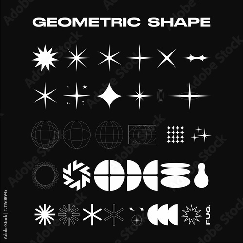 Geometric Shapes, Brutalism Shapes — Minimalist Geometric Elements — Brutal Contemporary Figure Star, Oval, Spiral, Flower and Others. Trendy Modern Graphic Element Vector Set