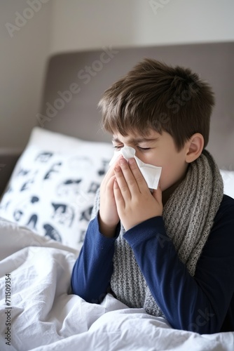 A cute little young sick child boy blowing his nose and coughing