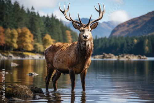 A majestic deer stands tall in the calm waters, its antlers reaching towards the sky as it surveys the breathtaking mountain landscape