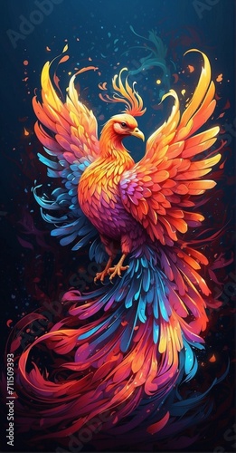 illustration of the majestic Phoenix bird in color, red, blue, golden. brown, flying 
