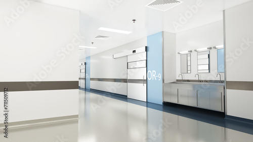 Esthetic and clean modern hospital surgery block corridor, private clinic or vet operating room with sliding doors.