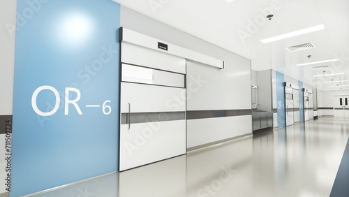 Esthetic and clean modern hospital surgery block corridor, private clinic or vet operating room with sliding doors.