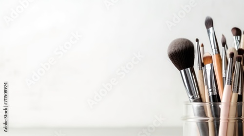 Close up make-up brushes on the table with copy space. Beauty industry accessories.