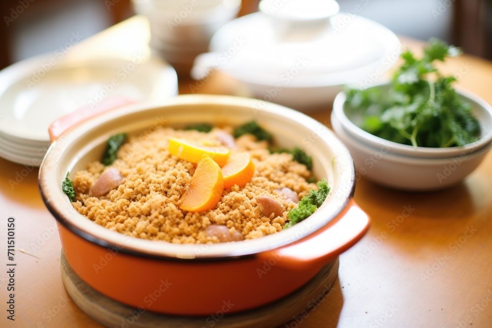 cassoulet in a traditional pot with breadcrumbs on top cassoulet in a traditional pot with breadcrumbs on top