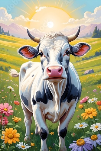 illustration of a beautiful white and black cow on the meadow over a hill with colorful flowers