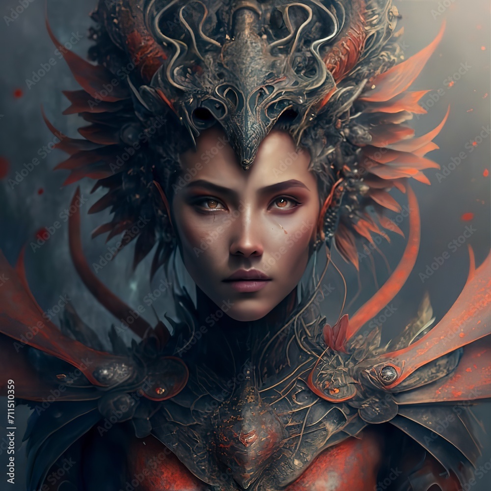 Fabulous image of magical woman in form of red dragons