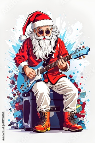 Illustration of  Santa Claus playing guitar sitting on an amp