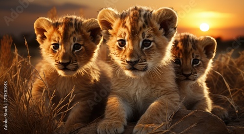 A pride of young lions bask in the golden light of the savannah, their soft fur glowing in the sunset as they sit and stand on the vast african terrain, their fierce snouts and whiskers embodying the