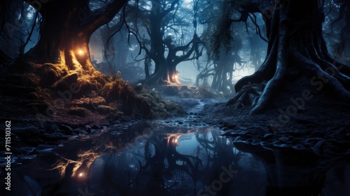 Night view of the fantasy dark forest.