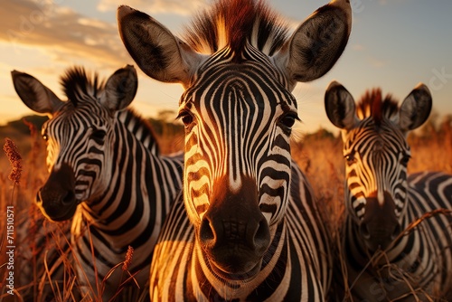 A majestic herd of terrestrial animals  the zebras  stand proudly in the golden field under the vast blue sky  showcasing the beauty of wildlife in their close-knit group