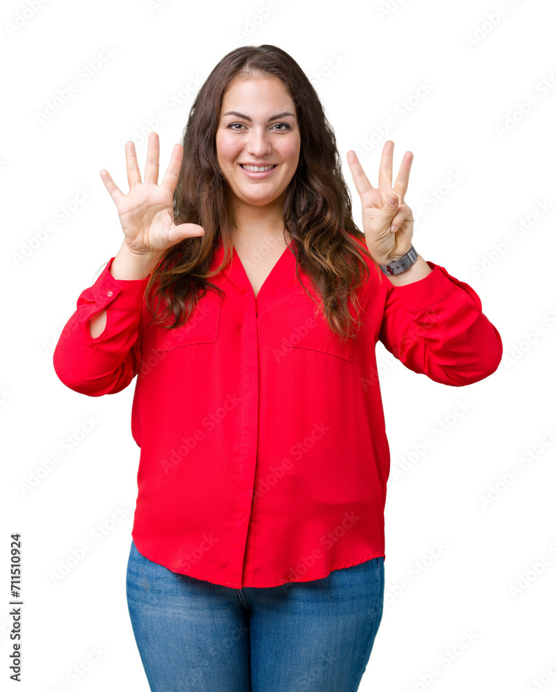 Beautiful plus size young business woman over isolated background showing and pointing up with fingers number eight while smiling confident and happy. Beautiful plus size young business woman over isolated background showing and pointing up with fingers number eight while smiling confident and happy.