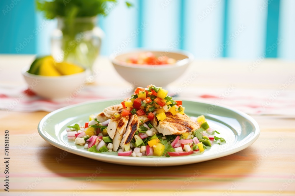 grilled chicken with tropical salsa on a bright plate grilled chicken with tropical salsa on a bright plate