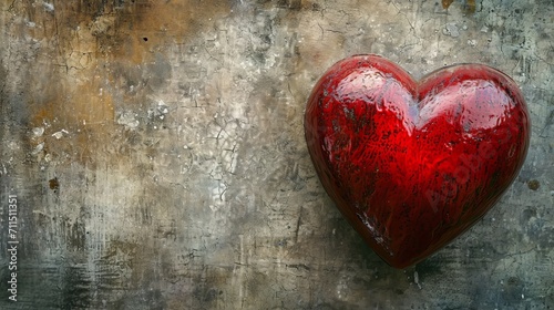 Großes Herz an der Wand. Rotes Herz aus Stein auf einem rustikalen Stein-Hintergrund. Platz für Text auf einer Wand mit dem Symbol der Liebe. 