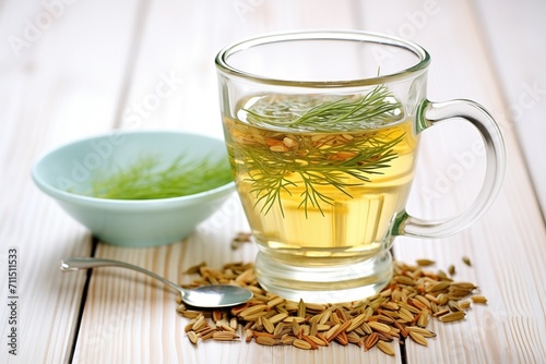fennel seeds and fennel tea in clear mug, wooden background