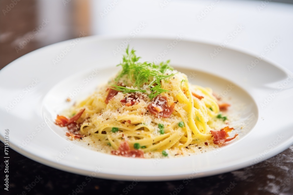 spaghetti carbonara with grated cheese on top