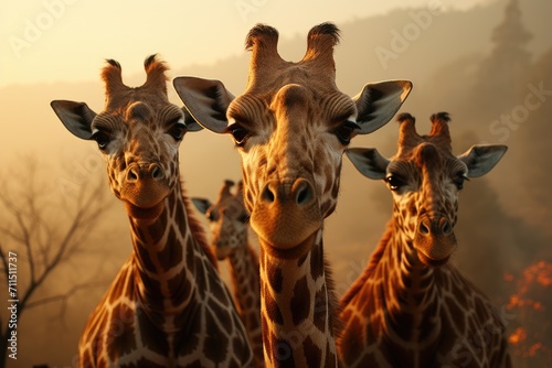 A majestic herd of giraffes gaze confidently into the lens, their graceful stature and curious expressions capturing the essence of wild, terrestrial beauty under the vast expanse of the open sky