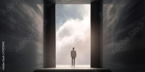 A man in front of an open door. The path to success. business movement. Reflection on Goals and Open Opportunities