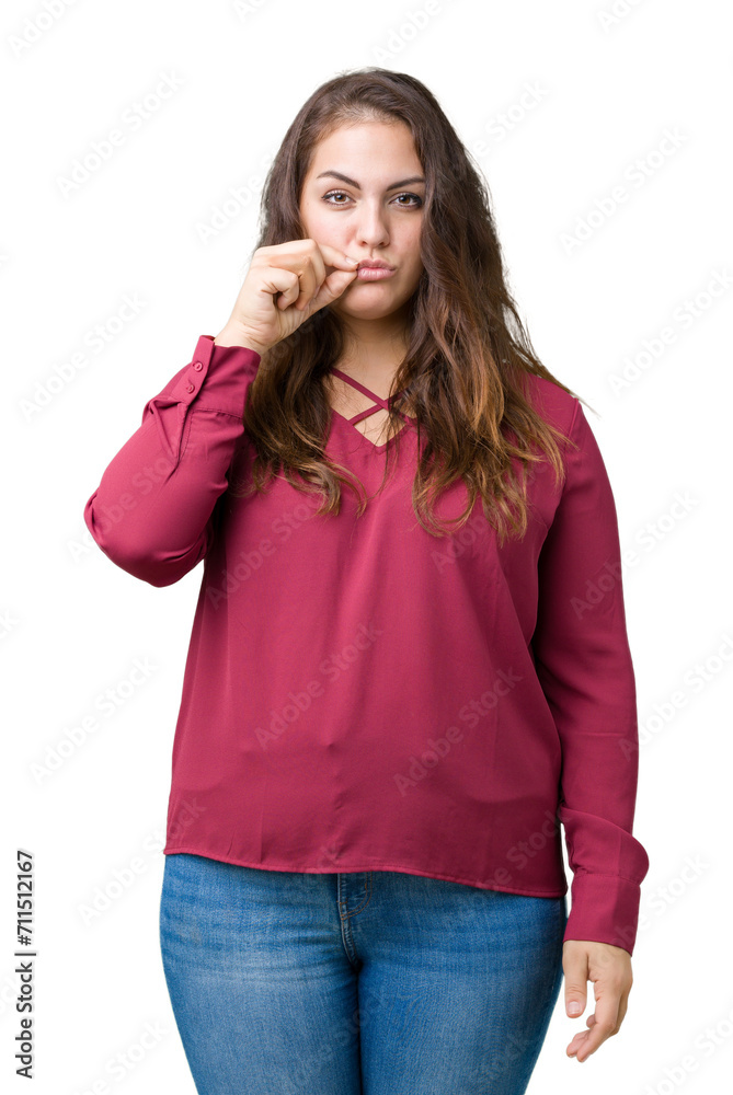 Beautiful plus size young woman over isolated background mouth and lips shut as zip with fingers. Secret and silent, taboo talking Beautiful plus size young woman over isolated background mouth and lips shut as zip with fingers. Secret and silent, taboo talking