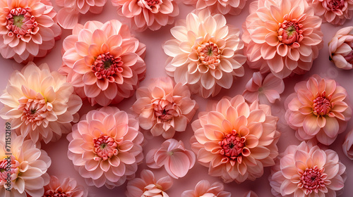 Gorgeous close-up of light orange peach fuzz-colored dahlias, exhibiting a delightful variety of sizes, creating a captivating and vibrant floral display © ahbapx